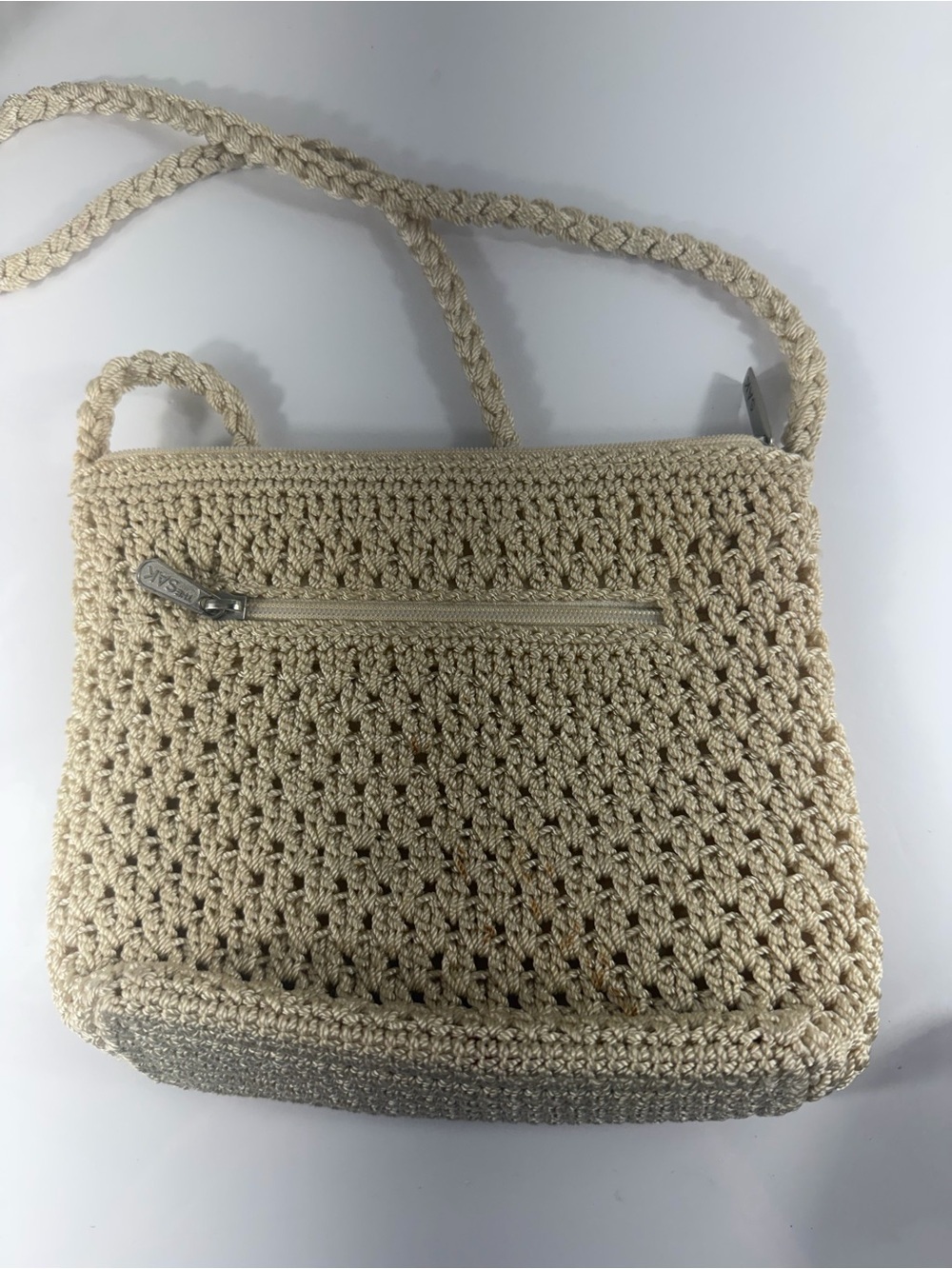 The Sak Cream Crochet Woven Shoulder Bag Zip Top Boho Purse - Picture 3 of 9